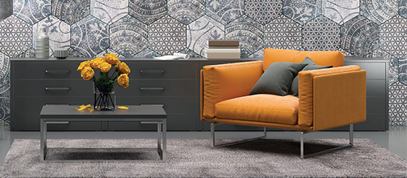 Orange sofa in gray and white lounge
